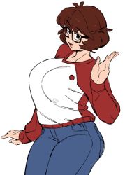 Rule 34 | 1girl, blush, breasts, brown hair, commentary, denim, english commentary, from above, glasses, highres, jeans, large breasts, looking up, open hand, open mouth, original, pants, red sweater, short hair, snowcie, snowciel, solo, sweater, two-tone sweater, waving, white background, white sweater