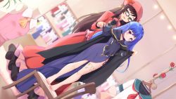 Rule 34 | 2girls, ascot, barefoot, black-framed eyewear, black cape, black gloves, blue dress, blue hair, blue sailor collar, blush, brown hair, cape, chair, closed mouth, collarbone, commission, cosplay, dragon quest, dragon quest viii, dress, dutch angle, fate/kaleid liner prisma illya, fate (series), flower, glasses, gloves, green eyes, hands up, hat, highres, long hair, long sleeves, medea, medea (cosplay), medea (fate), medea (fate) (cosplay), multiple girls, neckerchief, nyatrix, on chair, original, parted lips, pink shirt, red dress, red eyes, red flower, red headwear, red neckwear, red rose, rose, sailor collar, shirt, unworn shirt, sleeveless, sleeveless shirt, smile, standing, very long hair, white shirt, yellow neckwear