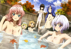 Rule 34 | 10s, 6+girls, :d, ;d, absurdres, akatsuki kirika, back, black hair, blonde hair, blue eyes, blue hair, blunt bangs, breasts, cloud, completely nude, convenient censoring, cover, covering breasts, covering privates, day, ginkgo leaf, green eyes, hair down, hand in own hair, highres, imanishi ryou, kazanari tsubasa, large breasts, leaf, light purple hair, long hair, looking back, maria cadenzavna eve, medium breasts, megami magazine, multiple girls, naked towel, nude, nude cover, official art, one eye closed, onsen, open mouth, outdoors, pink hair, pink towel, purple eyes, senki zesshou symphogear, short hair, sky, smile, tachibana hibiki (symphogear), topless, towel, tree, tsukuyomi shirabe, water, wet, wink, yukine chris