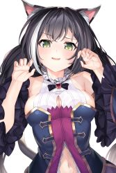 Rule 34 | 1girl, animal ear fluff, animal ears, b:ga, black hair, blush, breasts, brooch, cat ears, cat girl, cat tail, claw pose, cleavage, collarbone, detached sleeves, dress, fang, green eyes, hair between eyes, hands up, highres, jewelry, karyl (princess connect!), large breasts, long hair, looking at viewer, low twintails, multicolored hair, navel, open mouth, princess connect!, simple background, sleeveless, sleeveless dress, solo, streaked hair, tail, twintails, upper body, very long hair, white background, white hair