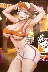 Rule 34 | 1girl, arm behind head, armpits, arms up, ass, boku no hero academia, breasts, brown hair, bush, closed eyes, covered erect nipples, curvy, dunkin&#039; donuts, employee uniform, hat, krabbytheartist, large breasts, looking at viewer, open mouth, short shorts, shorts, smile, standing, thong, uniform, utsushimi kemii, wide hips
