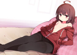 Rule 34 | 1girl, ahoge, bare shoulders, bean bag chair, blush, brown hair, carpet, crossed legs, frown, hands in pockets, jacket, linne, looking at viewer, lying, no shirt, off shoulder, on back, pantyhose, petenshi (dr. vermilion), red eyes, short hair, solo, thighband pantyhose, under night in-birth