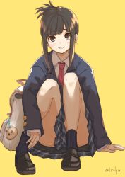 Rule 34 | 1girl, backpack, bag, black hair, black jacket, blazer, blue skirt, blush, brown eyes, collared shirt, commentary request, full body, highres, jacket, knees up, long hair, long sleeves, looking at viewer, necktie, original, parted lips, plaid, plaid skirt, pleated skirt, red necktie, school uniform, shirt, sidelocks, signature, simple background, sitting, skirt, sleeves past wrists, smile, solo, umiroku, white shirt, yellow background
