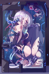 Rule 34 | 1girl, absurdres, arms behind back, bare shoulders, empty eyes, highres, imazawa, lucy (cyberpunk), restrained, solo, white hair