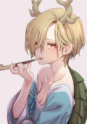 Rule 34 | 1girl, absurdres, antlers, bare shoulders, beige background, blonde hair, blue ribbon, blue shirt, breasts, cleavage, collarbone, colored eyelashes, commentary request, dragon girl, dragon horns, fingernails, hair behind ear, hand up, highres, holding, holding smoking pipe, horns, kawayabug, kicchou yachie, kiseru, long fingernails, looking at viewer, off shoulder, parted bangs, red eyes, ribbon, shirt, short hair, simple background, slit pupils, small breasts, smoking pipe, solo, touhou, turtle shell, upper body, wide sleeves