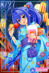 Rule 34 | 1girl, artist name, bad id, bad pixiv id, blue eyes, blue hair, blush, candy apple, character name, dated, food, happy birthday, hayase mitsuki, highres, kimi ga nozomu eien, kisachi, long hair, looking at viewer, open mouth, ponytail, smile, solo