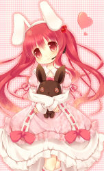 Rule 34 | 1girl, :&lt;, absurdres, animal ears, blush, bow, button eyes, buttons, child, dearoliha, doll, dress, fake animal ears, frilled dress, frills, hair bobbles, hair ornament, hairband, head tilt, headset, heart, highres, lolita fashion, long hair, microphone, original, pink background, pink dress, pink thighhighs, plaid, plaid background, rabbit, rabbit ears, red eyes, red hair, ribbon, sleeves past wrists, solo, stuffed animal, stuffed rabbit, stuffed toy, sweet lolita, thighhighs, twintails