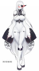 Rule 34 | 10s, 1girl, abyssal ship, bare shoulders, boots, breasts, character name, claws, detached sleeves, dress, female focus, glowing, glowing eyes, highres, horns, kantai collection, large breasts, long hair, looking at viewer, pale skin, personification, platform boots, platform footwear, red eyes, ribbed dress, seaport princess, short dress, sideboob, single horn, solo, sweater, sweater dress, thighs, translated, very long hair, wata do chinkuru, white background, white footwear, white hair