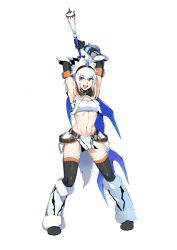 Rule 34 | 1girl, abs, absurdres, armpits, arms up, belt, black thighhighs, boots, breasts, commentary request, elbow gloves, full body, fur trim, gloves, hair ornament, hairband, highres, holding, holding sword, holding weapon, horn ornament, horns, huge weapon, kirin (armor), medium breasts, medium hair, midriff, monster hunter, monster hunter: world, monster hunter (series), muscular, navel, open mouth, pelvic curtain, purinnssu, red eyes, simple background, sleeveless, smile, solo, standing, strapless, sword, thighhighs, tube top, weapon, white background, white hair