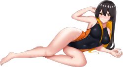 Rule 34 | 1girl, absurdres, black hair, black one-piece swimsuit, breasts, closed mouth, competition swimsuit, covered navel, cryptocurrency, full body, hair between eyes, highres, long hair, looking at viewer, lying, medium breasts, monero-chan, multicolored hair, on side, one-piece swimsuit, orange eyes, orange hair, orange one-piece swimsuit, original, simple background, smile, solo, swimsuit, thighs, transparent background, two-tone hair, two-tone swimsuit, vostoemisio