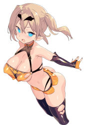 Rule 34 | 1girl, black thighhighs, blade (galaxist), blue eyes, breasts, brown hair, cleavage, commentary request, copyright request, fingerless gloves, gloves, hair between eyes, highres, large breasts, looking at viewer, open mouth, orange gloves, orange shorts, pointy ears, short hair, short shorts, shorts, simple background, solo, thighhighs, twintails, white background