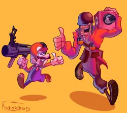 Rule 34 | 2boys, artist name, belt, belt pouch, blue eyes, blue overalls, boots, bullet bill, combat helmet, covered eyes, crossover, explosive, facial hair, gloves, grenade, hat, helmet, helmet over eyes, highres, looking at another, m1 bazooka, male focus, mario, mario (series), military, military uniform, multiple boys, mustache, nintendo, open mouth, overalls, pouch, red headwear, red soldier (tf2), roanimations, rocket launcher, running, shadow, signature, simple background, skull, smile, soldier, soldier (tf2), team fortress 2, teeth, thumbs up, uniform, weapon, white gloves