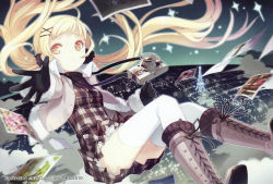 Rule 34 | 1girl, absurdres, ahoge, blonde hair, boots, camera, city, cityscape, dress, eiffel tower, falling, female focus, gloves, h2so4, hair ornament, hairclip, highres, jacket, long hair, night, open mouth, original, outdoors, scan, skirt, sky, solo, thighhighs, twintails, very long hair, white thighhighs, yellow eyes