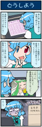 Rule 34 | 2girls, 4koma, aura, blue eyes, blue hair, box, box stack, comic, commentary request, dark aura, closed eyes, finger to own chin, green hair, heterochromia, highres, juliet sleeves, long hair, long sleeves, mima (touhou), mizuki hitoshi, monitor, multiple girls, open mouth, own hands together, puffy sleeves, red eyes, short hair, smile, sweat, nervous sweating, tatara kogasa, touhou, touhou (pc-98), translation request, turn pale, vest