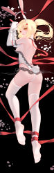 Rule 34 | 1girl, absurdres, animal ears, arm cuffs, arms up, ass, ayanami (azur lane), azur lane, back, bare shoulders, blonde hair, blush, breasts, chinese commentary, commentary request, elbow gloves, fake animal ears, full body, gloves, hairband, unworn hairband, headgear, heart, heart-shaped pupils, highres, leotard, leotard pull, long hair, lying, medium breasts, nipples, no shoes, on side, open mouth, petals, ponytail, rabbit ears, red ribbon, ribbon, saliva, seelehan, simple background, solo, symbol-shaped pupils, thighhighs, white gloves, white hairband, white leotard, white thighhighs, yellow eyes