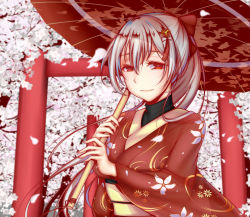 Rule 34 | 1girl, alternate costume, breasts, fate/grand order, fate (series), hair between eyes, highres, holding, holding umbrella, japanese clothes, kimono, long hair, oil-paper umbrella, petals, red eyes, silver hair, smile, solo, standing, tetsu (excalibur920), tomoe gozen (fate), torii, umbrella