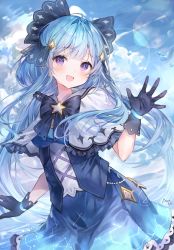 Rule 34 | 1girl, :d, ame929, blue background, blue bow, blue dress, blue gloves, blue hair, blue sky, blush, bow, bracelet, cloud, cloudy sky, day, dress, gloves, gradient dress, hair bow, hair ornament, hand up, highres, jewelry, lace, lace-trimmed dress, lace trim, long hair, looking at viewer, open hand, open mouth, original, purple eyes, sidelocks, sky, smile, solo, star (symbol), water, water drop, waving