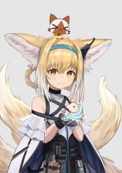 Rule 34 | 1girl, animal, animal ears, animal on head, arknights, bare shoulders, black gloves, blonde hair, braid, braided hair rings, cat, cat on head, colored tips, commentary request, creature, crossover, dress, earpiece, felyne, fox ears, fox girl, fox tail, frilled sleeves, frills, gloves, grey background, hair between eyes, hair rings, highres, holding, holding creature, kitsune, kyuubi, monster hunter (series), multicolored hair, multiple tails, on head, oyatsuming, parted lips, poogie, simple background, single glove, suzuran (arknights), tail, teeth, two-tone hair, upper body, white hair