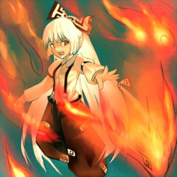 Rule 34 | 1girl, female focus, fire, fujiwara no mokou, gradient background, long hair, open mouth, outstretched hand, solo, suisai (suisao), touhou, white hair
