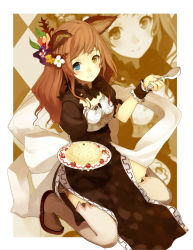 Rule 34 | 1girl, animal ears, blue eyes, blush, boots, brown hair, face, flower, food, hair flower, hair ornament, heterochromia, kneeling, long hair, plate, shirabi, side slit, smile, solo, spoon, thigh boots, thighhighs, wrist cuffs, yellow eyes, zoom layer