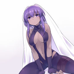 Rule 34 | 1girl, bare shoulders, between legs, breasts, bridal veil, center opening, chan co, closed mouth, dark-skinned female, dark skin, fate/grand order, fate/prototype, fate/prototype: fragments of blue and silver, fate (series), gloves, gradient background, grey background, hand between legs, hassan of serenity (fate), leotard, looking at viewer, medium breasts, navel, purple gloves, purple hair, purple leotard, sidelocks, sitting, solo, veil