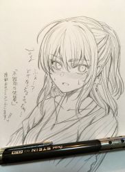 Rule 34 | 1girl, art tools in frame, breasts, bukiyou na senpai, collarbone, earrings, graphite (medium), greyscale, highres, hoshi san 3, jewelry, kannawa azusa, mechanical pencil, medium breasts, monochrome, pencil, photo (medium), ponytail, ribbed sweater, solo, sweater, traditional media, translation request, upper body, white background