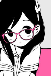 Rule 34 | 1girl, bespectacled, blush, closed mouth, collared shirt, commentary request, dot nose, flower, frown, glasses, grey background, hair flower, hair ornament, highres, hitori bocchi, hitoribocchi no marumaru seikatsu, katsuwo (cr66g), long hair, looking at viewer, partially colored, pink-framed eyewear, pink theme, school uniform, shirt, short sleeves, side ponytail, simple background, solo, upper body
