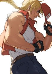Rule 34 | 1boy, baseball cap, blonde hair, blue eyes, fatal fury, fingerless gloves, gloves, hat, jacket, long hair, male focus, muscular, pants, ponytail, simple background, solo, terry bogard, the king of fighters, vest, vldhomecenter
