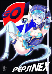 Rule 34 | 10s, 1girl, bare shoulders, blue eyes, blue hair, blue rose (tiger &amp; bunny), boots, breasts, cleavage, earrings, elbow gloves, gloves, gun, hakaioh (shining wizard), hat, high heels, jewelry, karina lyle, lipstick, makeup, pepsi nex, product placement, shoes, short hair, superhero costume, thigh boots, thighhighs, tiger &amp; bunny, weapon