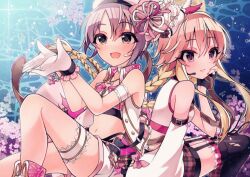 Rule 34 | 2girls, ankle boots, arm belt, armband, artist name, black eyes, black gloves, black thighhighs, blush, boots, checkered shorts, collarbone, cropped jacket, flower, frilled gloves, frilled thighhighs, frills, garter straps, gloves, hair ornament, hand on own face, idolmaster, idolmaster cinderella girls, idolmaster cinderella girls starlight stage, jacket, jewelry, long hair, microphone, midriff, multicolored hair, multiple girls, navel, necklace, ninomiya asuka, open clothes, open jacket, open mouth, orange hair, otokura yuuki, parted lips, pink hair, purple eyes, ribbon, short hair, shorts, smile, thigh strap, thighhighs, torn clothes, torn thighhighs, water, white armband, white shorts, zy jomi
