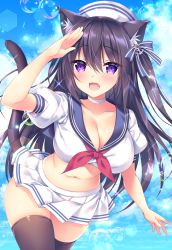 Rule 34 | 1girl, :d, animal ear fluff, animal ears, black hair, black thighhighs, blue sailor collar, blue sky, blush, breasts, bubble, cat ears, cat girl, cat tail, choker, cleavage, cloud, cloudy sky, collarbone, commentary request, cowboy shot, crop top, day, fang, hair between eyes, hair ribbon, hand up, hat, highres, leaning forward, lens flare, long hair, looking at viewer, midriff, miniskirt, navel, neckerchief, one side up, open mouth, original, outdoors, pleated skirt, purple eyes, red neckerchief, ribbon, sailor collar, sailor hat, salute, school uniform, serafuku, shirt, short sleeves, skirt, sky, smile, solo, sorai shin&#039;ya, standing, stomach, tail, thighhighs, very long hair, white choker, white hat, white shirt, white skirt, zettai ryouiki
