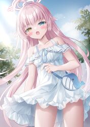 Rule 34 | 1girl, ahoge, bag, blue archive, blue eyes, blush, collarbone, cowboy shot, day, dress, fang, frilled dress, frills, halo, highres, hoshino (blue archive), kohinata hoshimi, long hair, looking at viewer, open mouth, outdoors, pink hair, pink halo, skin fang, solo, white dress, yellow eyes