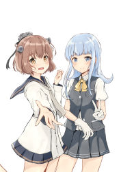 Rule 34 | 2girls, bad id, bad pixiv id, black vest, blue eyes, blue hair, blue sailor collar, blunt bangs, blush, brown hair, closed mouth, commentary request, cowboy shot, dated, dress, gloves, grey neckwear, hatsukaze (kancolle), headgear, highres, kantai collection, light blue hair, long hair, long sleeves, ludens (inonaka koubou), multiple girls, open mouth, sailor collar, sailor dress, shirt, short sleeves, sidelocks, simple background, v, vest, white background, white gloves, white shirt, yellow neckwear, yukikaze (kancolle)