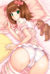 Rule 34 | 00s, 1girl, amami haruka, ass, bed, bow, brown hair, cameltoe, clothes pull, from above, green eyes, hair bow, hidebou, idolmaster, idolmaster (classic), idolmaster 1, looking back, looking up, pajamas, panties, pants, pants pull, pillow, pink theme, pussy juice, pussy juice stain, short hair, solo, stuffed animal, stuffed toy, teddy bear, top-down bottom-up, trefoil, underwear, wet, wet clothes, wet panties, white panties