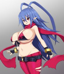 Rule 34 | 1girl, areola slip, blue hair, blush, breasts, cleavage, covered erect nipples, disgaea, disgaea d2, highres, laharl, laharl-chan, large breasts, long hair, looking at viewer, navel, red eyes, solo
