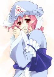 Rule 34 | 1girl, bad id, bad pixiv id, blush, covering own mouth, female focus, hand over mouth, hand over own mouth, hat, japanese clothes, kimono, looking at viewer, lying, on side, pink hair, red eyes, saigyouji yuyuko, solo, soumendaze, touhou, triangular headpiece