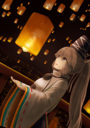 Rule 34 | 1girl, blurry, brown eyes, brown hair, cowboy shot, depth of field, dutch angle, from side, grey hair, hands up, hat, high collar, highres, japanese clothes, kariginu, lantern, light smile, long sleeves, looking away, luke (kyeftss), mononobe no futo, night, open hands, open mouth, outdoors, paper lantern, pom pom (clothes), ponytail, profile, railing, ribbon-trimmed sleeves, ribbon trim, sideways mouth, sky lantern, solo, standing, tate eboshi, touhou, wide sleeves