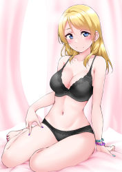 Rule 34 | 1girl, arm support, ayase eli, bare arms, bare legs, barefoot, bed, bed sheet, black bow, black bra, black panties, blonde hair, blue eyes, blush, bow, bow bra, bra, breasts, cleavage, collarbone, curtains, floral print, hair between eyes, hair down, hand on own thigh, highres, large breasts, long hair, looking at viewer, love live!, love live! school idol project, nail polish, navel, on bed, panties, sitting, sleeveless, smile, solo, toenail polish, toenails, underwear, underwear only, wristband, yokozuwari, yopparai oni