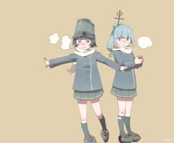 Rule 34 | 10s, 1tori, 2girls, alternate costume, arare (kancolle), black hair, blue hair, blush, breath, brown background, brown eyes, can, coat, hat, holding, kantai collection, kasumi (kancolle), long sleeves, looking at another, multiple girls, outstretched arms, pleated skirt, ponytail, scarf, short hair, side ponytail, simple background, skirt, standing, winter clothes, yellow eyes