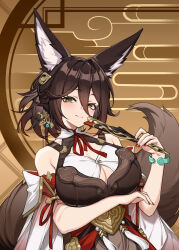 Rule 34 | 1girl, animal ears, arm under breasts, breasts, brown hair, cleavage, fox ears, fox girl, fox tail, green eyes, hair ornament, hand fan, highres, holding, holding fan, honkai: star rail, honkai (series), large breasts, looking at viewer, smile, solo, tail, tingyun (honkai: star rail), yuxian youka