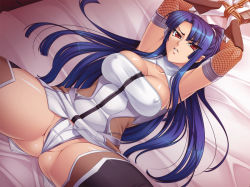 Rule 34 | 00s, 1girl, angry, arms up, bdsm, bed, blue hair, bondage, bound, bound wrists, breasts, cameltoe, cleavage, curvy, female focus, game cg, imminent penetration, kagami hirotaka, large breasts, lilith-soft, long hair, looking at viewer, lying, on back, on bed, panties, ponytail, red eyes, shiny skin, spread legs, taimanin (series), taimanin asagi, taimanin asagi kessen arena, thong, underwear, wrists tied together, yatsu murasaki
