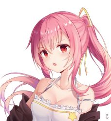 Rule 34 | 1girl, angel no shousou, bare shoulders, black jacket, breasts, cleavage, collarbone, floating hair, frills, frown, hair ribbon, halterneck, jacket, long hair, looking at viewer, medium breasts, off shoulder, open clothes, open jacket, open mouth, original, pink hair, red eyes, ribbon, shirt, signature, simple background, sleeveless, sleeveless shirt, solo, upper body, white background, white shirt, yellow ribbon