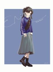 Rule 34 | 1girl, alternate costume, artist name, black footwear, black hair, blue background, blue jacket, blunt bangs, boots, border, character name, closed mouth, collared jacket, commentary request, curtained hair, enomoto takane, expressionless, fanny pack, full body, grey eyes, grey skirt, highres, jacket, kagerou project, long skirt, long sleeves, looking at viewer, medium hair, mokemoke chan, multicolored clothes, multicolored jacket, outside border, pleated skirt, popped collar, see-through, see-through skirt, skirt, sleeves past wrists, solo, standing, striped clothes, striped jacket, track jacket, twintails, two-tone jacket, vertical-striped clothes, vertical-striped jacket, white border, white jacket, white stripes, zipper