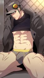 Rule 34 | abs, bara, barefoot, briefs, bulge, cigarette, crotch, facial hair, feet, fence, hat, highres, iwai munehisa, kneeling, male focus, male underwear, megami tensei, muscular, nipples, outdoors, pectorals, persona, persona 5, solo focus, sweat, tattoo, toes, underwear, undressing