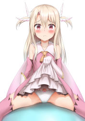 Rule 34 | 1girl, absurdres, bare shoulders, black thighhighs, blonde hair, blush, bow, bow panties, closed mouth, clothes lift, collarbone, embarrassed, fate/kaleid liner prisma illya, fate (series), feather hair ornament, female focus, gloves, hair between eyes, hair ornament, highres, illyasviel von einzbern, lifting own clothes, long hair, looking at viewer, nedia (nedia region), nervous smile, panties, pink bow, pink thighhighs, simple background, sitting, skirt, skirt hold, skirt lift, smile, solo, spread legs, thighhighs, two side up, underwear, wavy mouth, white background, white gloves, white panties