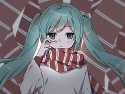 1girl aegyo_sal aqua_eyes aqua_hair arifureta_sekai_seifuku_(vocaloid) arm_at_side bandaid blush chromatic_aberration closed_mouth commentary_request expressionless hand_up hatsune_miku holding holding_bandaid jitome layered_sleeves long_hair long_sleeves looking_at_viewer red_scarf scarf shirt simple_background staff_takanashi straight-on striped_clothes striped_scarf twintails two-tone_scarf vocaloid white_background white_scarf white_shirt