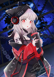 Rule 34 | 1girl, :o, animal ears, arknights, bare shoulders, black headwear, black pantyhose, blush, cowboy shot, cup, fox ears, frostleaf (arknights), grey shirt, holding, holding cup, long hair, long sleeves, looking at viewer, material growth, off-shoulder shirt, off shoulder, oripathy lesion (arknights), pantyhose, parted lips, red eyes, shirt, silver hair, solo, standing, yeziduanduan