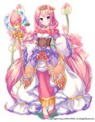 Rule 34 | 1girl, absurdly long hair, blush, commentary request, detached collar, dmm, flower, flower knight girl, frilled sleeves, frills, full body, hair ornament, hasu (flower knight girl), high heels, long hair, looking at viewer, morinaga kobato, official art, overskirt, parted lips, pigeon-toed, pink hair, purple eyes, simple background, solo, staff, standing, tiara, very long hair, white background