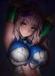 Rule 34 | 1girl, absurdres, armpits, arms up, blue ribbon, blush, breasts, closed mouth, clothing cutout, commentary, detached sleeves, dress, english commentary, green eyes, hair ornament, highres, hololive, hololive indonesia, large breasts, long hair, looking at viewer, numanoan, pavolia reine, pink hair, revision, ribbon, sleeveless, sleeveless dress, solo, stomach cutout, upper body, virtual youtuber