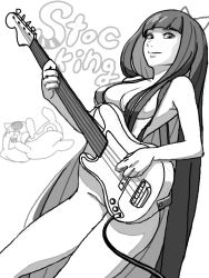 Rule 34 | 1girl, bad drawr id, bad id, bass guitar, blunt bangs, blunt ends, breasts, cable, character name, closed mouth, convenient leg, greyscale, hair over breasts, honekoneko (psg), instrument, long hair, looking at viewer, medium breasts, monochrome, music, nude, oekaki, panty &amp; stocking with garterbelt, playing instrument, simple background, solo, standing, stocking (psg), straight hair, very long hair, white background, yamane8